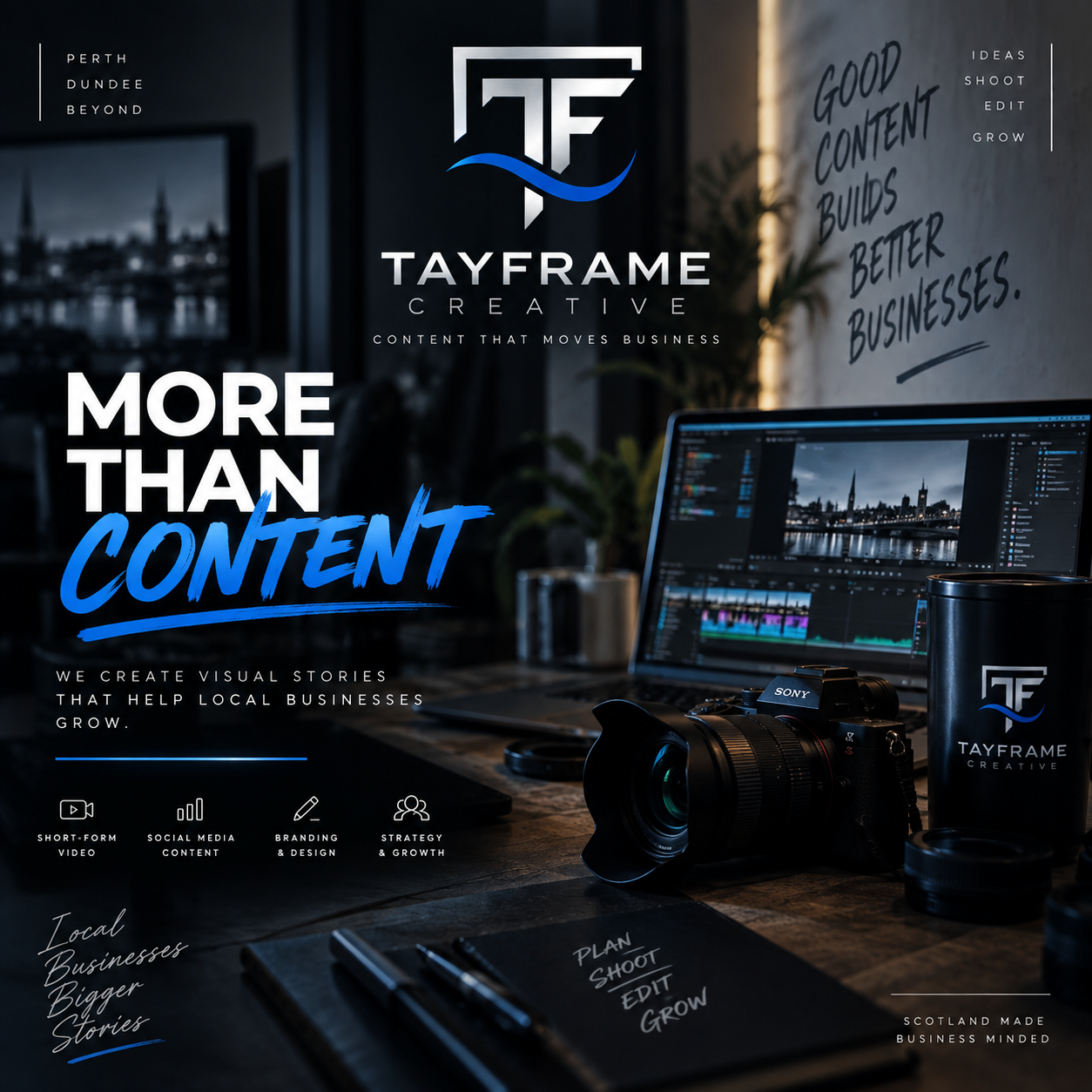 Tayframe Creative brand artwork featuring a camera, editing studio and the message More than content