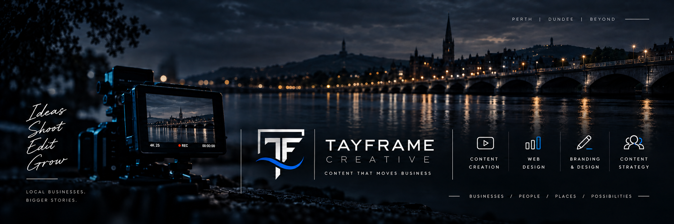 Tayframe Creative — content that moves business. A camera beside the Tay River, with the city and bridge illuminated at dusk.