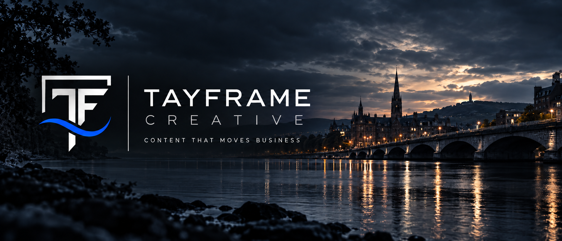 Tayframe Creative logo and Content that moves business over the Tay River and city at dusk